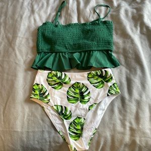 CUPSHE - Size L - Green Monstera Tankini High-Waisted